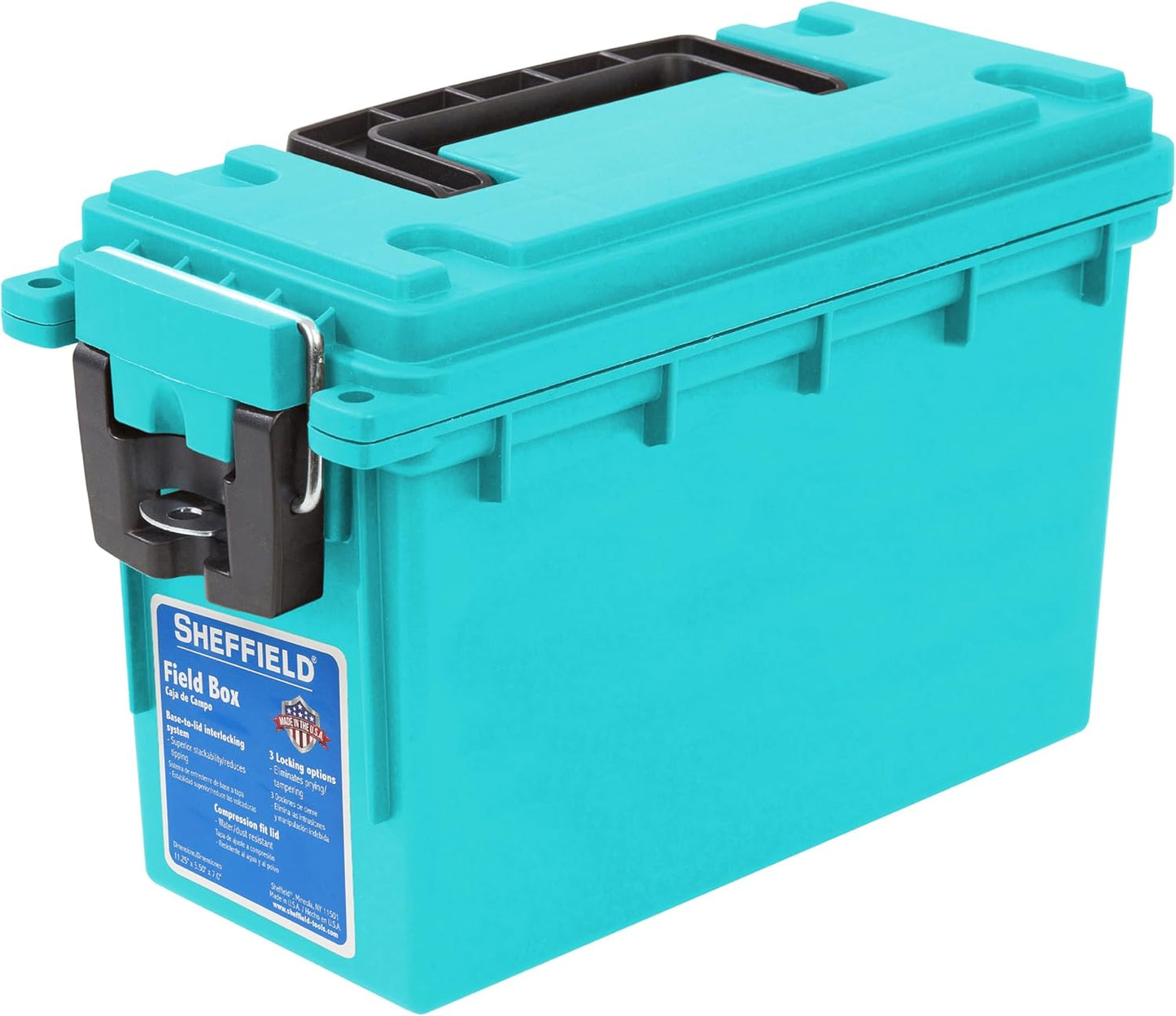 Sheffield 12629 Ammo Storage Box, Stackable .30 Cal Field Boxes, Water and Dust Resistant, Lockable Storage Box with Handle, Secures Hunting Gear, Supplies, and Bullets, Made in USA, Black, 1-Pack