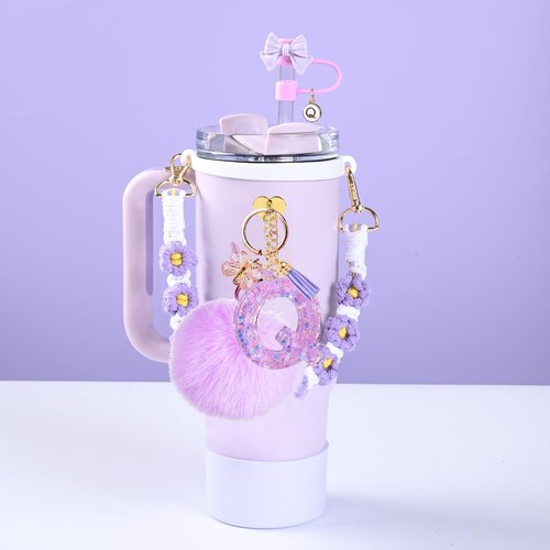 Stanley Cup Accessories Set, 10mm Bow Straw Topper, Siliocne Boot, Water Bottle Handle Strap, Letter Charms for Stanley Cup Straw Cover Cap 40oz 30oz (Q)