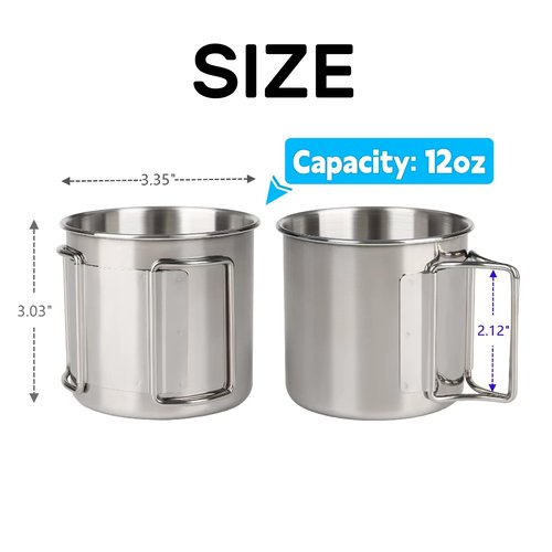 Wsaikis Camping Cups with Folding Handles, Camping Mugs Set of 2,Camping Coffee Mugs, Stainless Steel Camping Mugs,Portable 12oz Camping Cup for Outdoor Picnic Hiking Backpacking (Silver)