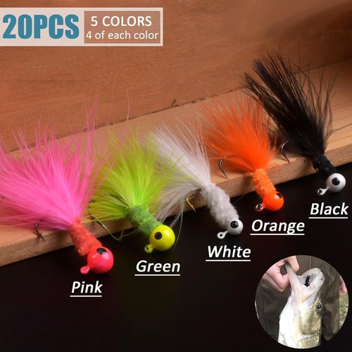 Crappie Jigs Marabou Feather Hair Jigs Bass Fishing Lure Jig Heads Hook for Crappie Trout Walleye Panfish 1/8oz 1/16oz 1/32oz