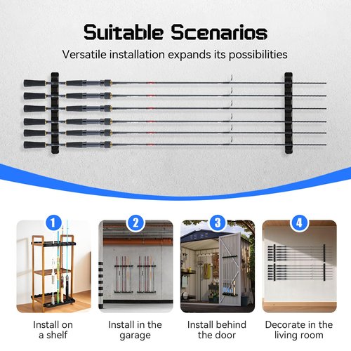 Tcakelox Fishing Rod Holder for Garage Fishing Pole Holders Fishing Rod Rack Vertical Wall-Mounted for Garage Stores 6 Rods or Combos Fits Most Rod Diameters (Vertical Black, 1 Pair)
