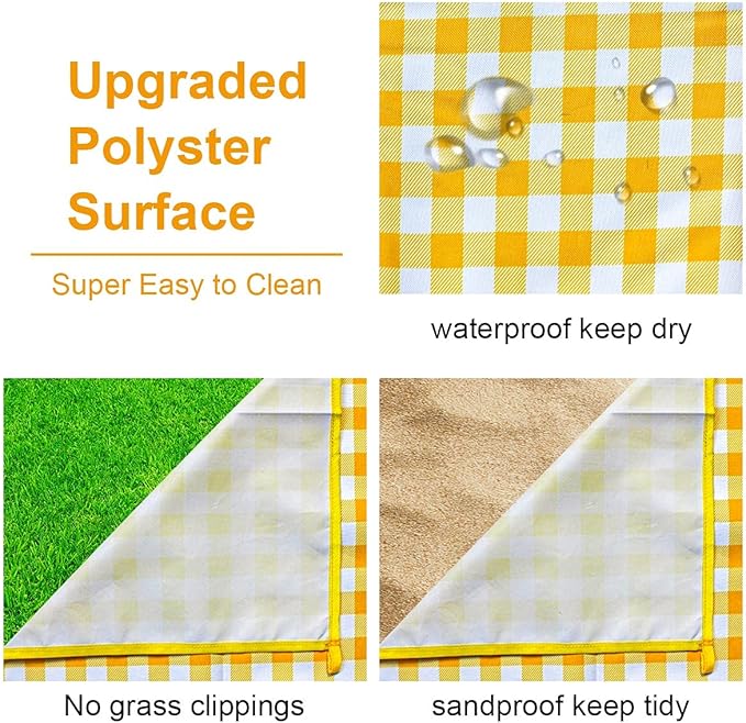 ZHUYNXIR Extra Large Picnic, Waterproof Blanket, Gingham Picnic Mat for Beach, Camping Grass Picnic Blankets. (Yellow 58x58 inch)