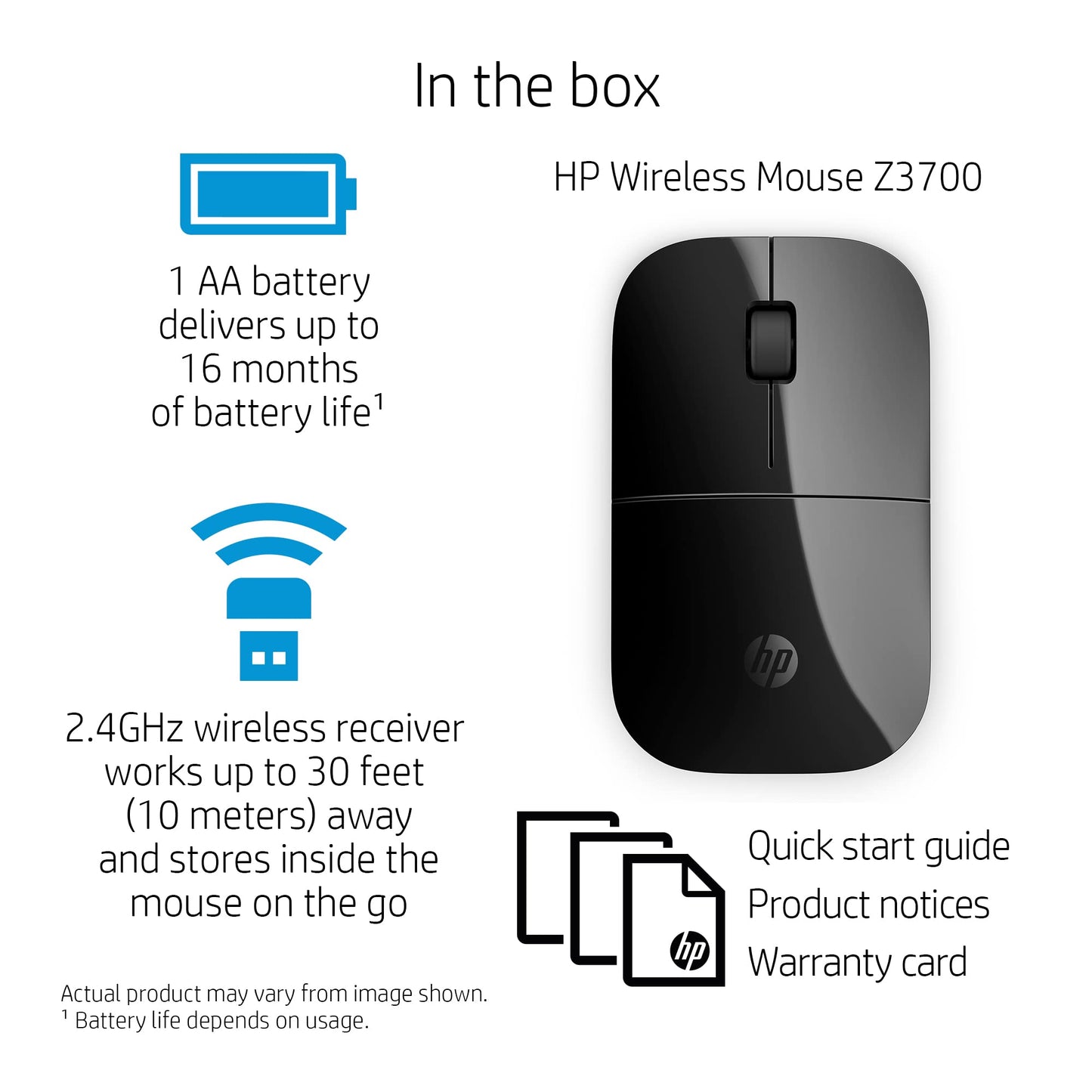 HP Wireless Mouse Z3700 (26V63AA#ABL, Black), Dimensions (mm) : 101 x 60 x 25.3