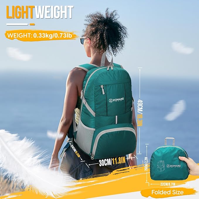 ZOMAKE Lightweight Packable Backpack 35L, Light Foldable Backpacks Water Resistant Collapsible Hiking Bag, Compact Folding Day Pack for Travel Camping(Lake Green)