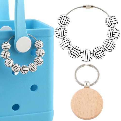 LORIESTR Sports Keychain for Bogg Bag,Wood Beads Accessories Charm, White and Black
