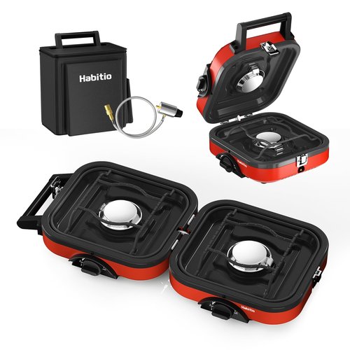 2-Burner Camping Stove Foldable, Portable Propane Camp Stove with 16000 BTU Adjustable Burners and Piezo Ignition, Folding Stove with Carry Bag & Handle for Camping, Tailgating, Backyard BBQ - Red