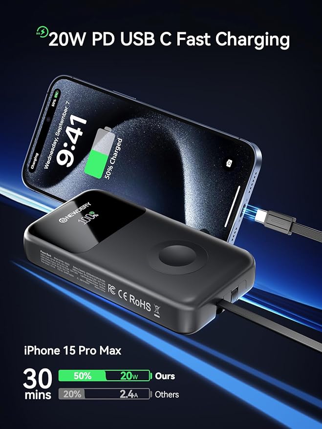 NEWDERY 20000mAh Portable Charger for Apple Watch, Power Bank Built-in Cables, PD 20W Fast Charging Travel Battery Pack with USB C Cable for All iWatch, iPhones, iPad, Samsung More Phones Tablets
