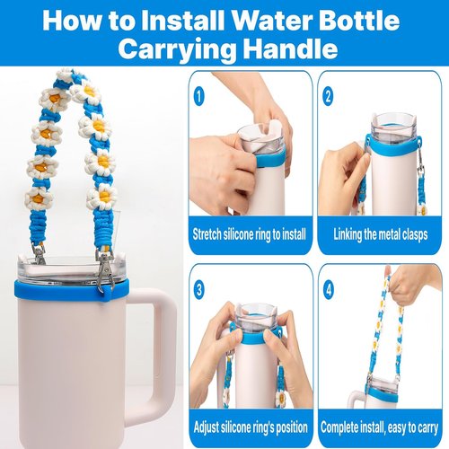 Wohoyee Water Bottle Handle Strap with Lipstick Holder, Silicone Straw Covers, Mini Cup Keychain Compatible with Flask & Stanley Cup Fits Most 16-40oz Water Bottle (Blue)