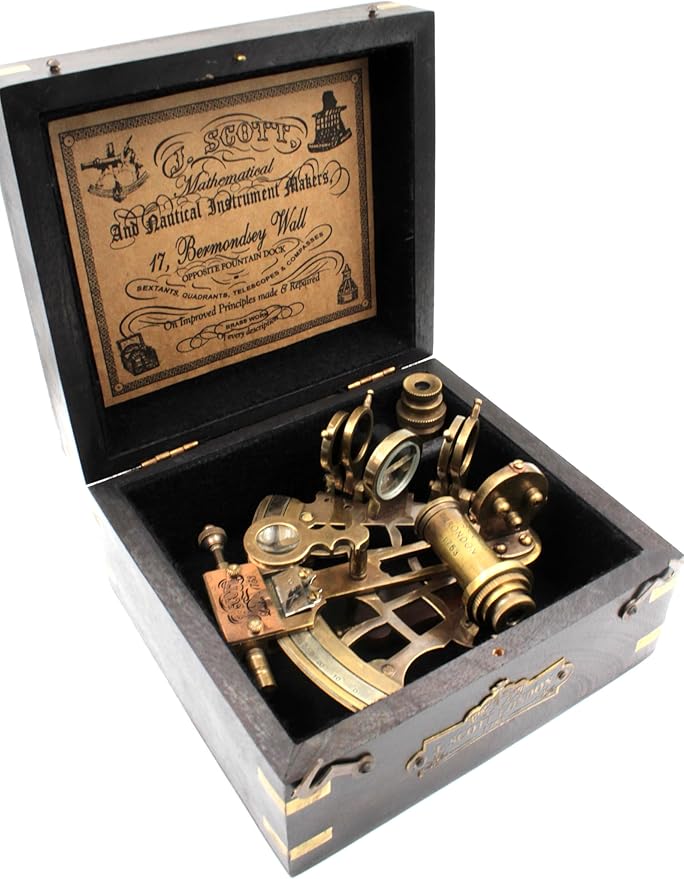 OCEAN REPLICAS J. Scott London Brass Ship History Sextant with Hardwood Box. Vintage Solid Antique Brass Nautical Functional Maritime Sextant | Nautical Navy Decor Gifts