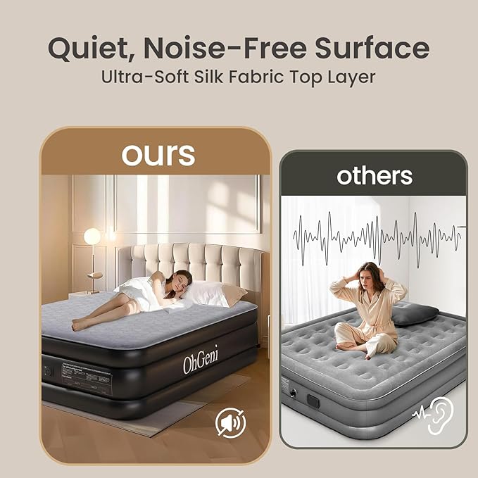OhGeni 18" Luxury Full Air Mattress with Built-in Pump, Inflatable Bed with Silk Foam Topper for Superior Comfort, Premium Blow-Up Mattress for Home, Camping & Guests, Easy Setup, Extra Support, Black