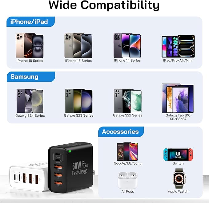 2Pack USB C Fast Charger Block, 60W 5-Port USB C Wall Charger 30W Type C Charging Block, 2USB C+3USB A PPS/PD 3.0 Multiport Charging Cube for iPhone 16 15 14 13 Pro Max,for Galaxy S25 S24 Ultra, i Pad