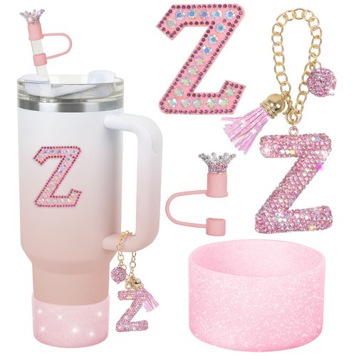 Pink Diamond Letter Charms Accessories For Handle Set,Bottom Protector for 40oz 30oz Stanley Cup Diamond Crown Straw Cover & Diamond Sticker (Z)