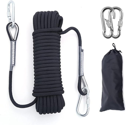 10mm/12mm Climbing Rope, Outdoor Static Rock Climbing Rope, Tree Climbing Rappelling Rope, Escape Nylon Rope, Ice Climbing Equipment Fire Rescue Parachute Rope with 2 Steel Hooks