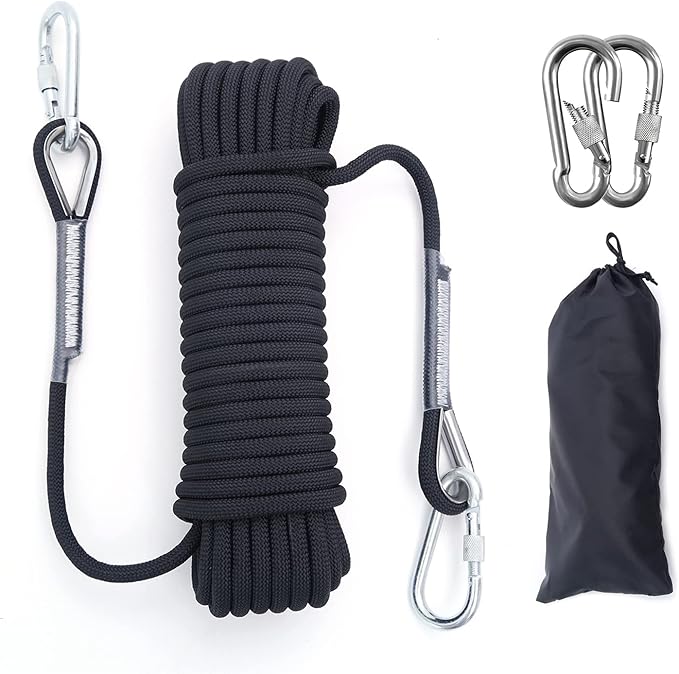 10mm/12mm Climbing Rope, Outdoor Static Rock Climbing Rope, Tree Climbing Rappelling Rope, Escape Nylon Rope, Ice Climbing Equipment Fire Rescue Parachute Rope with 2 Steel Hooks