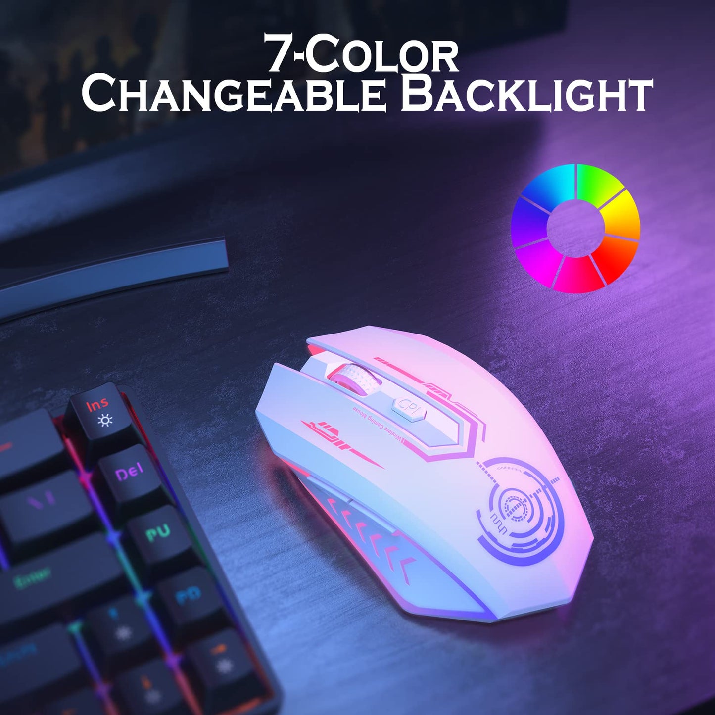 UHURU Wireless Gaming Mouse Up to 12000 DPI, Rechargeable USB-C Wireless Mouse with 7 Buttons 7 Dynamic LED Color Ergonomic Programmable MMO RPG for PC Laptop, Compatible with Windows Mac