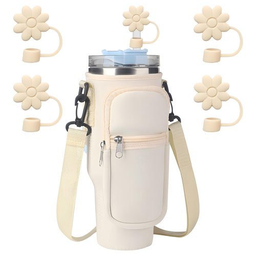 Denlei White Stanley Cup Bag, Cup Holder for Stanley 40oz Tumbler with Handle, Stanley Carrier Bag with 4Pcs White Flower Straw Topper for Stanley Cup Accessories