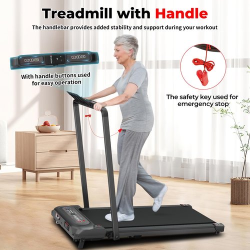 SubSun 2 in 1 Folding Treadmill, Walking Pad with Handle Bar, Under Desk Treadmill with 265 Lbs Capacity for Office, Remote Control, Black