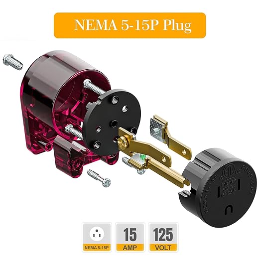 5 Pack Nema 5-15P Plug, 90 Degree Right Angle Plug 15A 125V Angled Plug, Nema 5-15P DIY AC Plug, USA 3-Prong Household Right Angle AC Plug, Red Color ETL Verified