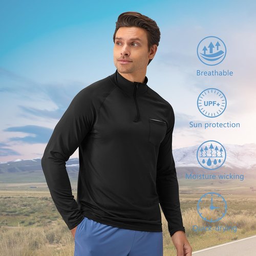 CARGFM Men's 1/4 Zip Pullover Sun Protection Golf Shirt Lightweight Long Sleeve Athletic Fishing Sports T-Shirt Top Black