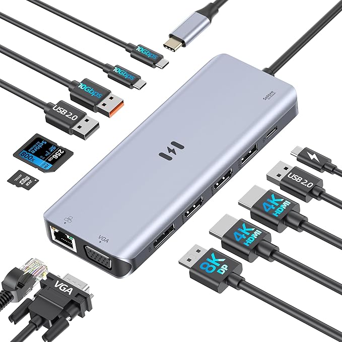 USB C Docking Station 4 Monitors,13 in 1 Laptop Docking Station 3 Monitors with Dual HDMI,8K DP,VGA,10Gbps USB A/C Data Transfer, PD Charging,USB C Hub Multiport Adapter for Windows/Mac OS Laptop