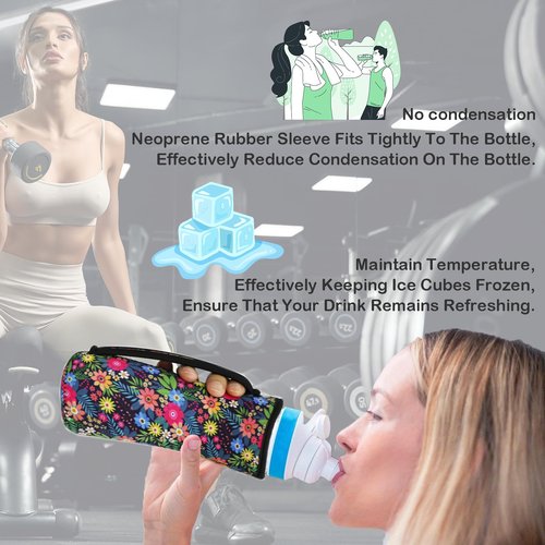 SLEILIN 22oz Cute Printed Sleeve Compatible With Cirkul Water Bottle For Plastic And Stainless Steel Bottles 22oz Neoprene Sweat-Wicking Material Insulated Cover Designed With Handles (Pink Flower)