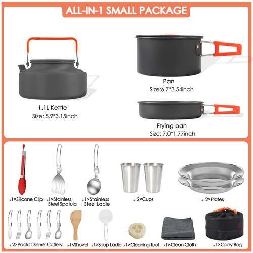 JUSFANE 20Pcs Camping Cookware Mess Kit, Non-Stick Lightweight Camping Pots and Pans with 1.1L Kettle, 2 Set Stainless Steel Cups Plates Forks Knives Spoons for Backpacking, Hiking, Outdoor Cooking