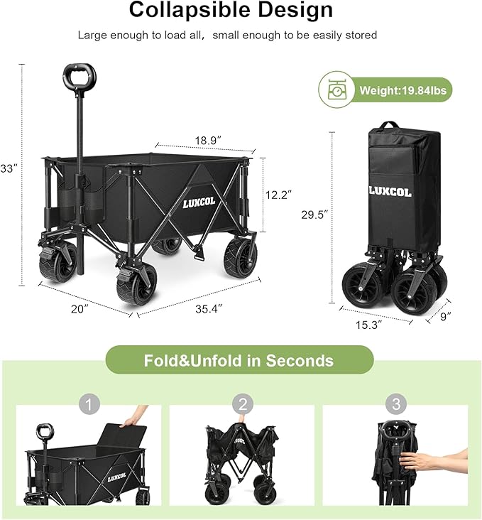 LUXCOL Collapsible Folding Wagon, Heavy Duty Utility Beach Wagon Cart for Sand with Big Wheels, Adjustable Handle&Drink Holders for Shopping, Camping,Garden and Outdoor