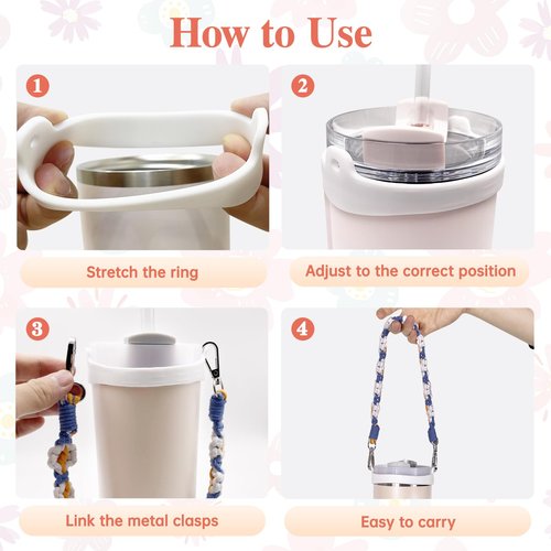 Lingdeer Water Bottle Handle with Lip Balm Holder, Macrame Flowers Water Bottle Sling Holder Lanyard, Carrier with Strap, Fits Most 8-40oz, Compatible with Stanley Cup Accessories