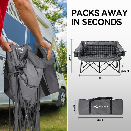 Huskfirm Double Camping Chairs Padded Loveseat Chair for 2 Person - Heavy Duty Oversized Camping Couch for Adults Outdoor Lawn Beach - Portable Folding Sofa with Cup Holders and Carry Bag, Grey