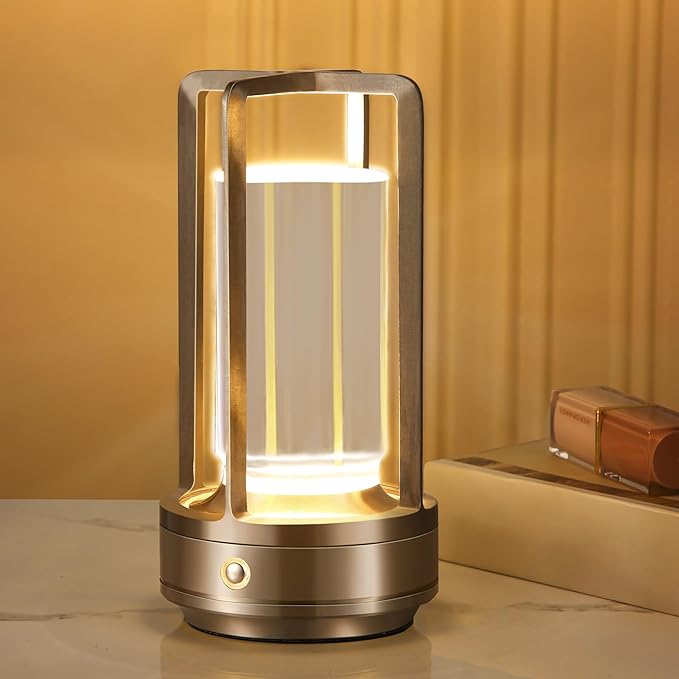 Portable Metal Table Lamp,Cordless Table Lamp, Rechargeable Battery Powered Portable LED Desk Lamp, 3 Color Stepless Dimming Touch, for Bedroom Restaurant Home Outdoor (Silver)