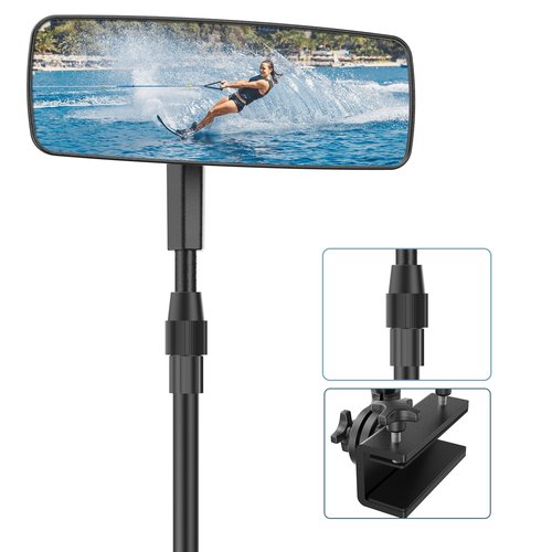 Tewgug Boat Mirror, Upgraded Pontoon Boat Rear View Mirror with Telescopic Pole & Heavy Duty Bracket,Wide Angle Adjustable Marine Rear View Mirror for Pontoon Boat Ski Boats Water Skiing