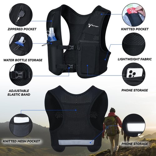 Running Vest for Women & Men, Adjustable Elasticated Sternum Straps Vest with 500ml Soft Flask, Fast and Free Reflective Running Vest, Designed for Running Marathon Trail Race Jogging Cycling