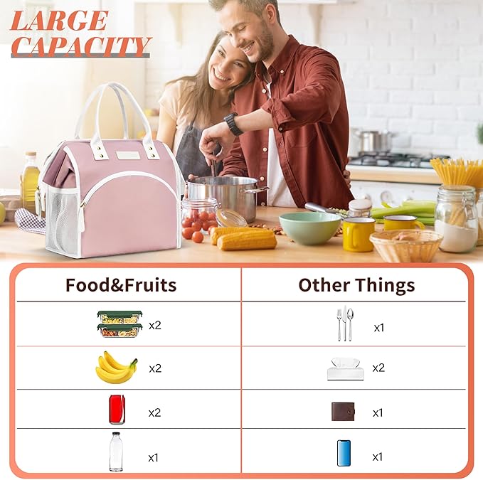 LOKASS Lunch Bag Women Insulated Lunch Box Wide-Open Lunch Tote Bag Large Waterproof Cooler Bag for Work Picnic Hiking Beach（Pink）