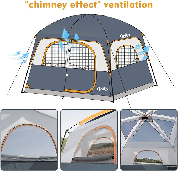 UNP Tents 6 Person Waterproof Windproof Easy Setup,Double Layer Family Camping Tent with 1 Mesh Door & 5 Large Mesh Windows -10'X9'X78in(H)