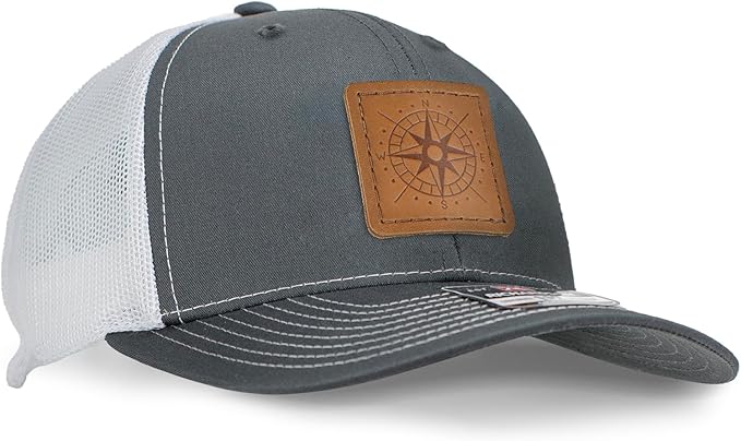 Leather Patch Hat for Men - Richardson 112 Trucker Hat w/Full-Grain Leather Patch, Laser-Engraved, Machine-Stitched