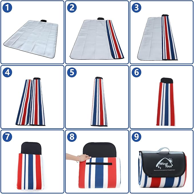 Wind Tour Family Outdoor Waterproof Durable Picnic Blankets with Carry Strap Foldable Sandproof Picnic Floor Mat for Kids Playground Camping Hiking Grass Travelling (1, Red & blue stripes-150*200cm)