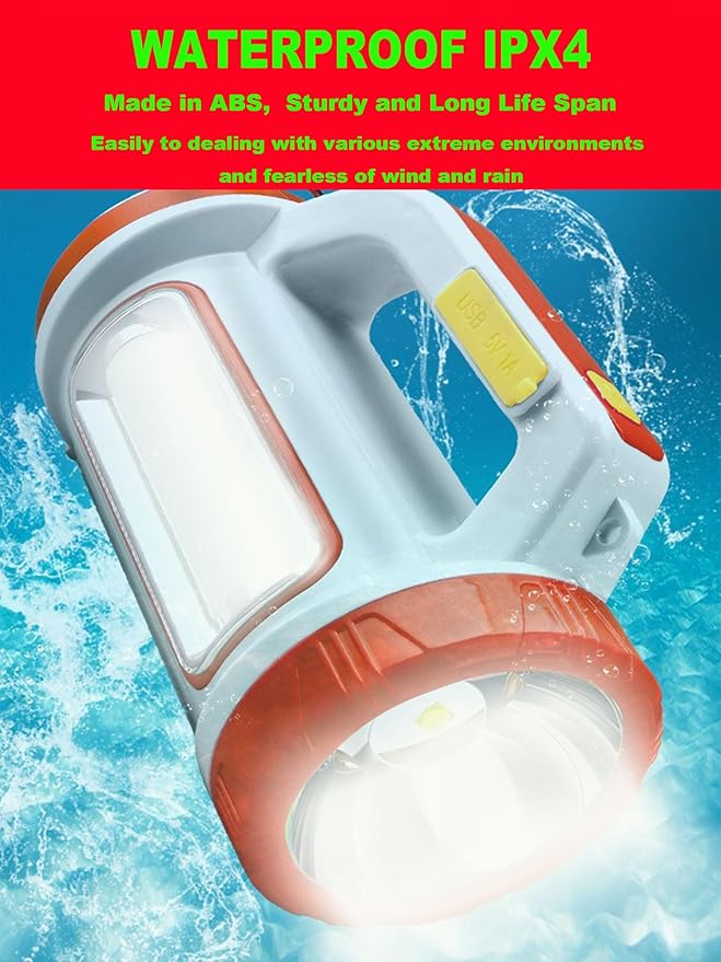 LED Searchlight, Solar Rechargeable Super Bright 10000LM Handheld Spotlight Lantern, Multifunctional LED Lamp Camping Flashlight, 5 Light Modes, Power Bank, IPX4 Waterproof, for Emergency