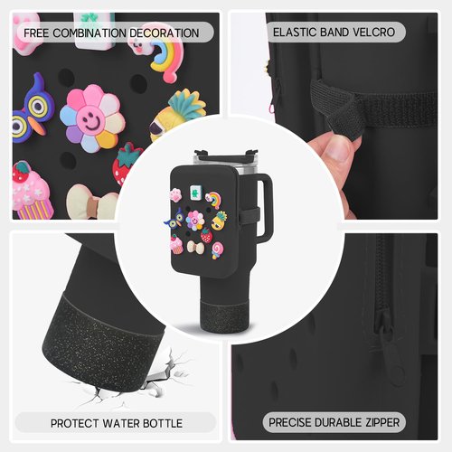 Silicone Water Bottle Pouch for Stanley Cup,Compatible with Stanley Cup Water Bottle Tumbler Pouch Purse Wallet Accessories 10PCS Charms & Boot (Black)