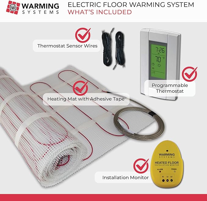30 Sqft 120V Electric Radiant Floor Heating Mat – Includes Heating Mat, Programmable Thermostat, 2 Floor Sensors, Installation Monitor and Under Tile Heater