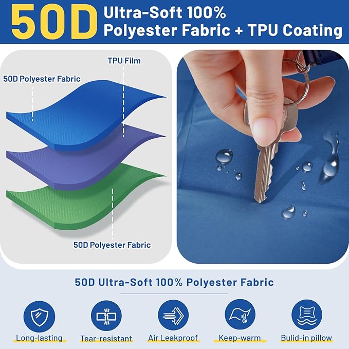 Camping Sleeping Pad, Extra Thick 6 Inch Inflatable Camping Mat with Pillow Built-in Foot Pump Ultralight Portable Sleeping Pads Compact for Hiking Backpacking Travel Tent Car Camp Gear