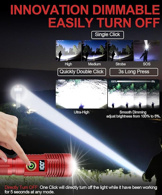 Rechargeable Flashlight High Lumens-12000LM Super Bright Magnetic Flash Light with Power Digital Display,3280Ft Long Range,Dimmable,Waterproof,Pocket LED Flashlights for Emergency Camping 2PC Red
