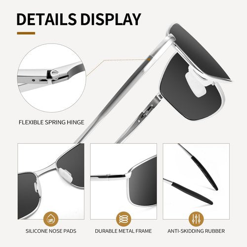 URUMQI Rectangular Sunglasses for Men Square Polarized, TAC UV400 Protection Lens,Pilot Navigator Shades for Driving Golf