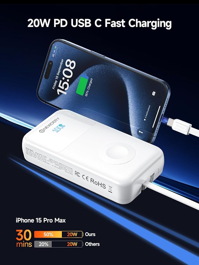 NEWDERY 20000mAh Portable Charger for Apple Watch,5-in-1 Power Bank Built-in Cables,PD 20W Fast Charging Travel Battery Pack with USB C Cable for iWatch,iPhones,iPad,Samsung More Phones Tablets