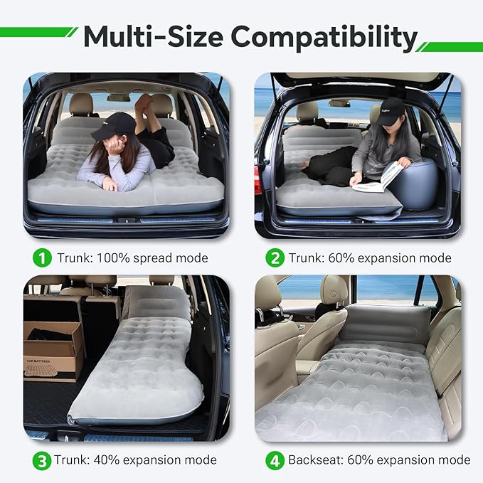 SUV Air Mattress， Thickened Flocked Camping Bed for Car Trunk & Back Seat ， Includes Electric Pump & 2 Foot Pedals ， Portable Inflatable car Mattress (Gray)