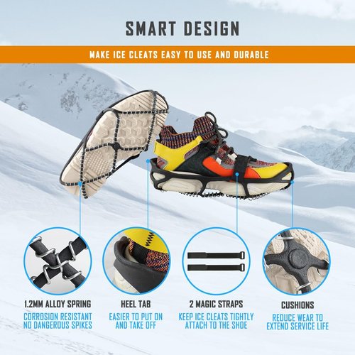 Ice Cleats for Walking on Ice Snow, Crampons Traction Grips Spikes for Shoes Boots, Anti-Slip Flexible Footwear Grippers for Climbing Hiking Fishing Outdoor Running with 2 Adjustable Straps
