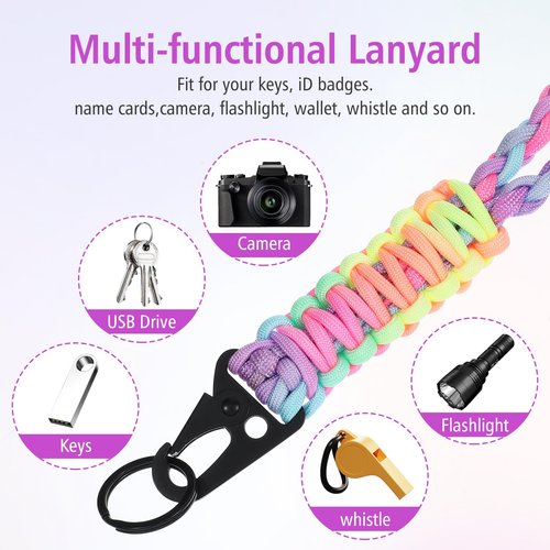 Wanmu Paracord Lanyards for Keys, Heavy Duty 550 Rainbow Keychain Lanyard, Camo Weave Neck Lanyard for Key Badge Holder, Camera, Wallet and ID Card