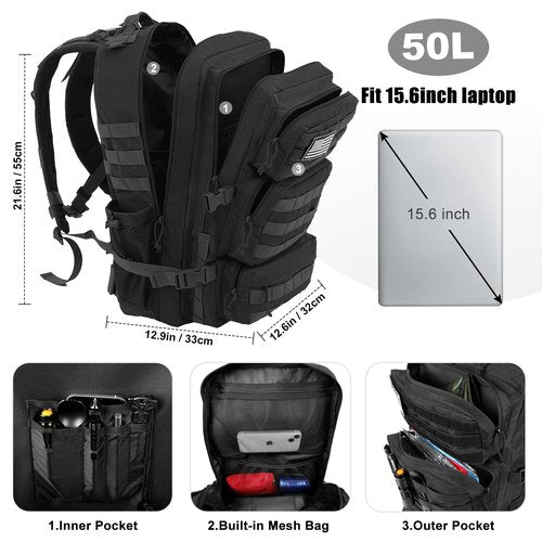 kookoomia 50L Military Tactical Backpack Large Day Backpack for Men Molle Army 3 Days Assault Pack Bug Out Bag Water Resistant and Heavy Duty Hiking Treeking Rucksack - Black