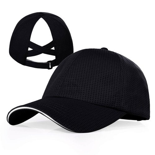 Criss Cross High Ponytail Baseball Cap for Women Lightweight Mesh Running Hat with Reflective Trim, Adjustable Fit for Sports Black