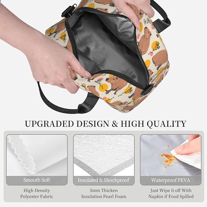 bassyil Capybara Insulated Lunch Bag Reusable Lunch Box With Adjustable Shoulder Strap Cooler Tote Bag For Men Women