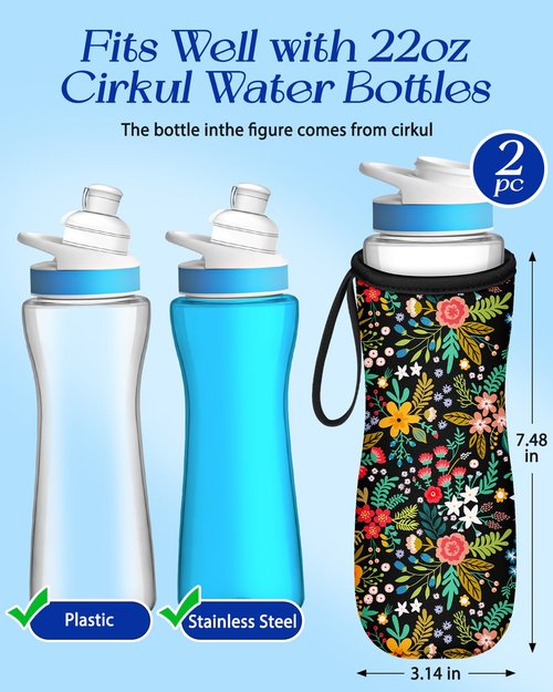 Toykee Water Bottle Sleeve for Cirkul 22 oz - 2 Pack Bottle Cover Holder Carrier with Handle Strap Artistic Aesthetic Art Flower Floral Print for Women